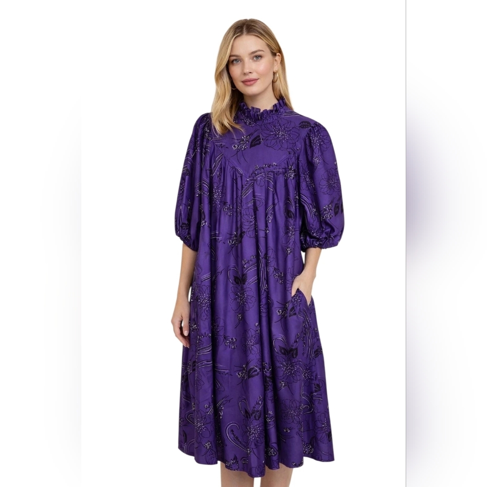 Vintage Conti Lee Ruffle Neck Floral Midi Dress